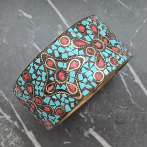 Vintage Chunky Brass Stacking Bangle Set With Blue and Red Stones