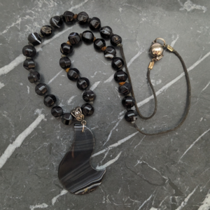 Vintage Brown Banded Agate Beaded Necklace With Pendant