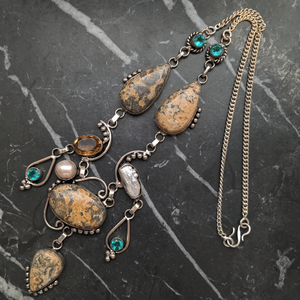 Vintage Jasper Gemstone, Pearl and Sterling Silver Necklace
