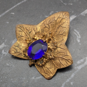 Vintage Art Deco Ivy Leaf Brooch With Cobalt Blue Cabochon