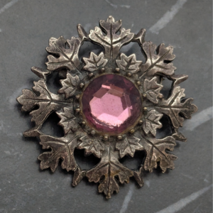 Vintage Gothic Style Leaf Brooch With Purple Cabochon