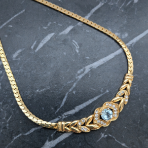Vintage 1980s Gold Plated Necklace With Flat Chain and Rhinestones
