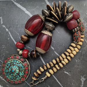 Vintage Tribal Style Beaded Necklace With Large Round Pendant