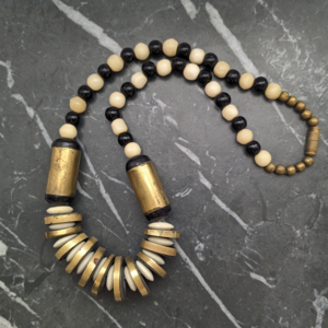 Vintage Black and White Beaded Necklace With Brass Detail
