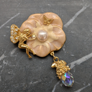 Vintage Kirks Folly Flower Brooch With Fairy and Crystal Drop
