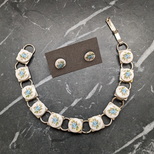 Vintage Blue Floral Bracelet and Matching Stud Earrings
