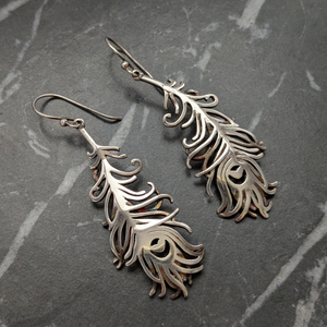 Vintage Sterling Silver Peacock Feather Earrings