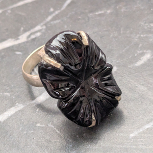 Vintage Ring With Black Glass Flower Cabochon