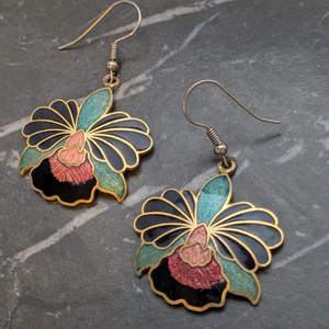 Vintage 1980s Cloisonne Enamel Flower Earrings