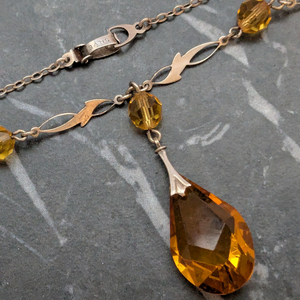 Art Deco Sterling Silver and Amber Glass Necklace 1930s