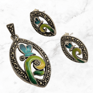 Vintage Silver and Enamel Butterfly Pendant and Earrings