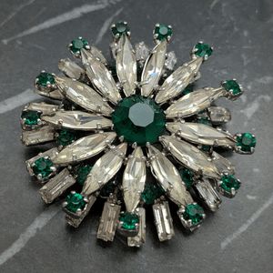 Vintage Clear and Emerald Green Rhinestone Brooch
