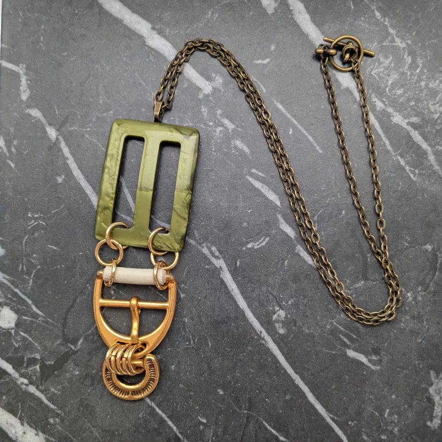 Vintage Green Belt Buckle Drop Necklace - Image 2