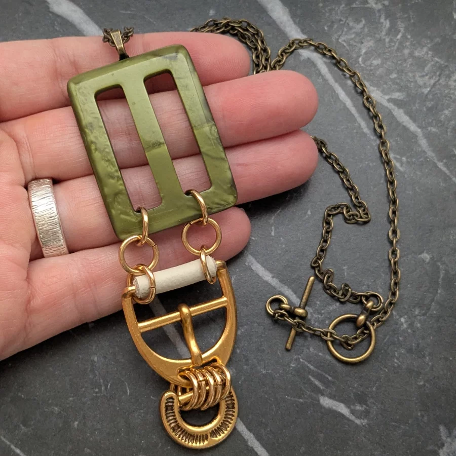 Vintage Green Belt Buckle Drop Necklace - Image 5