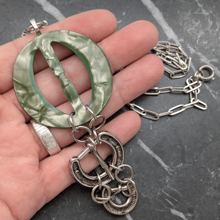 Vintage Green Belt Buckle Drop Necklace - Image 5