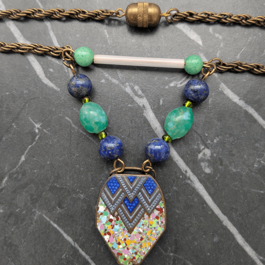 Art Deco Enamel Belt Buckle and Glass Bead Necklace - Image 2