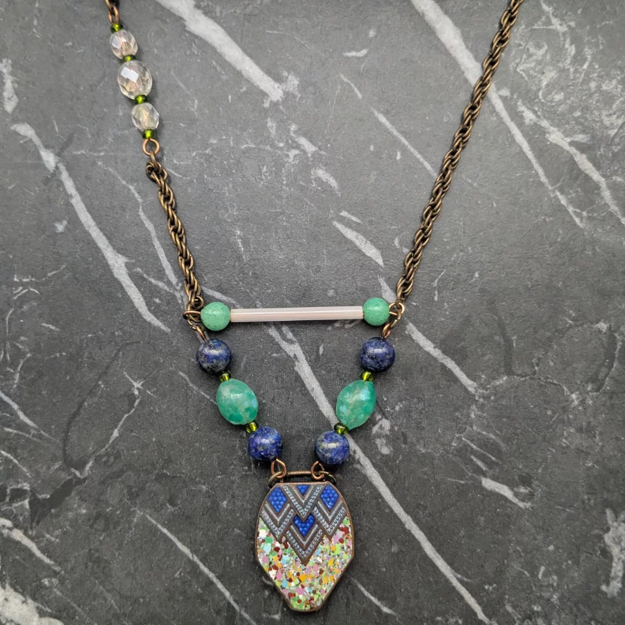 Art Deco Enamel Belt Buckle and Glass Bead Necklace - Image 3