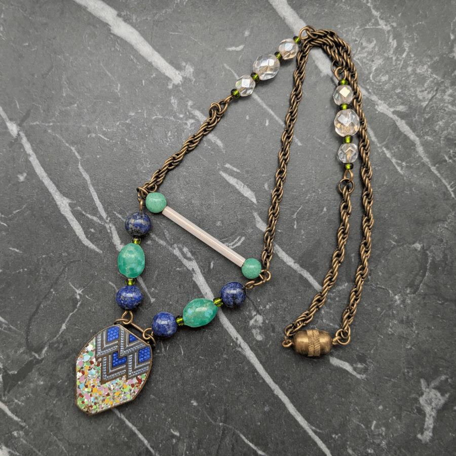 Art Deco Enamel Belt Buckle and Glass Bead Necklace - Image 4