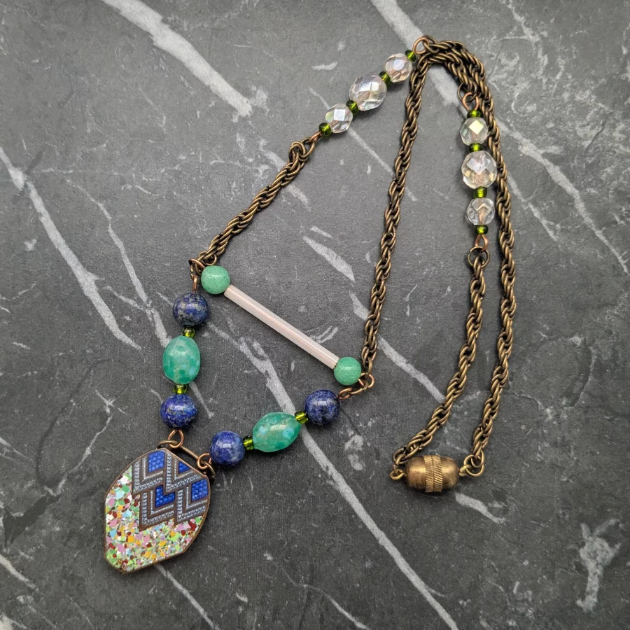 Art Deco Enamel Belt Buckle and Glass Bead Necklace - Image 4