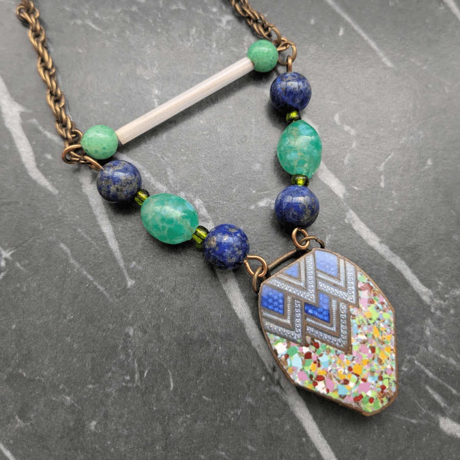 Art Deco Enamel Belt Buckle and Glass Bead Necklace - Image 5