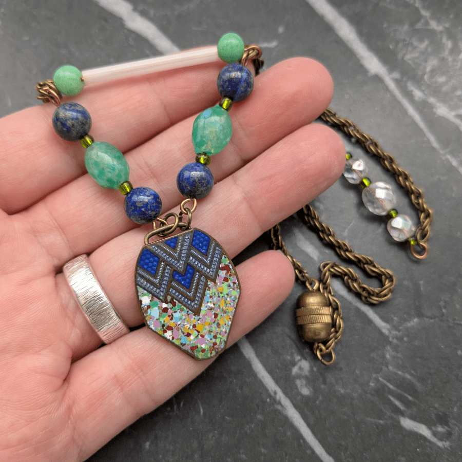 Art Deco Enamel Belt Buckle and Glass Bead Necklace - Image 6