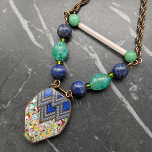 Art Deco Enamel Belt Buckle and Glass Bead Necklace