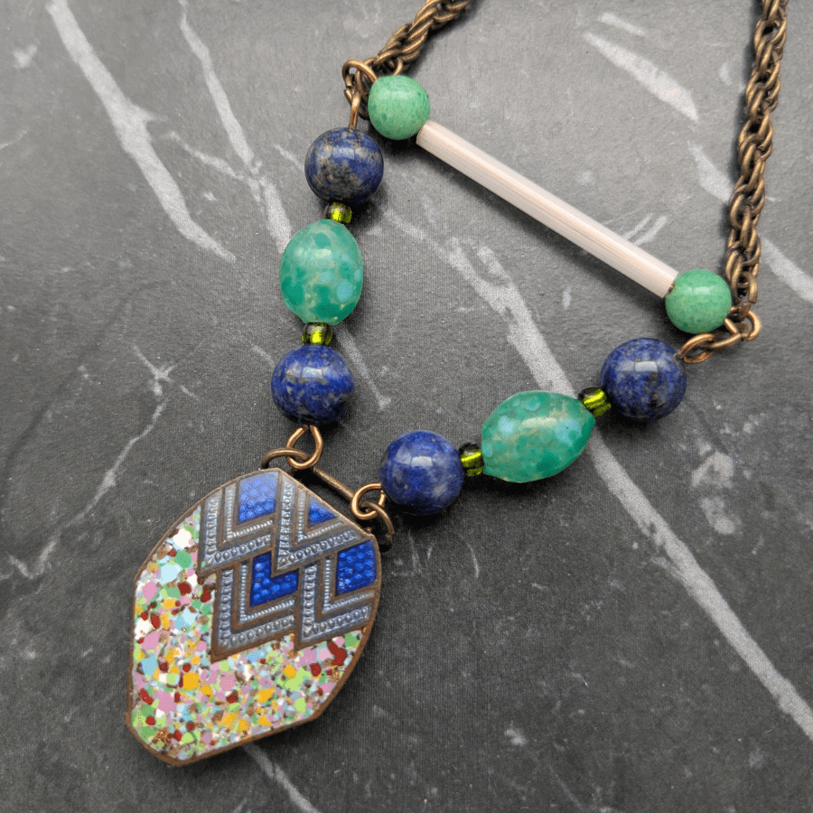 Art Deco Enamel Belt Buckle and Glass Bead Necklace