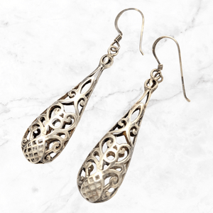 Vintage Open Filigree Sterling Silver Teardrop Earrings