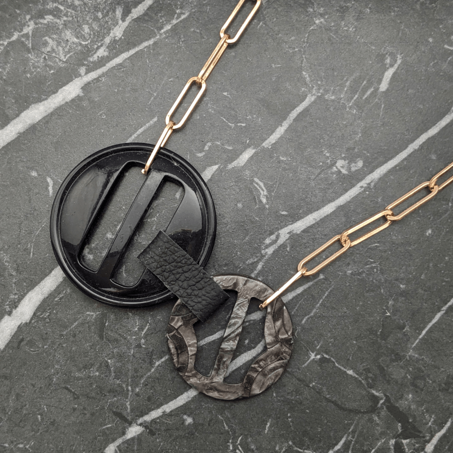 Vintage Double Black Belt Buckle Necklace