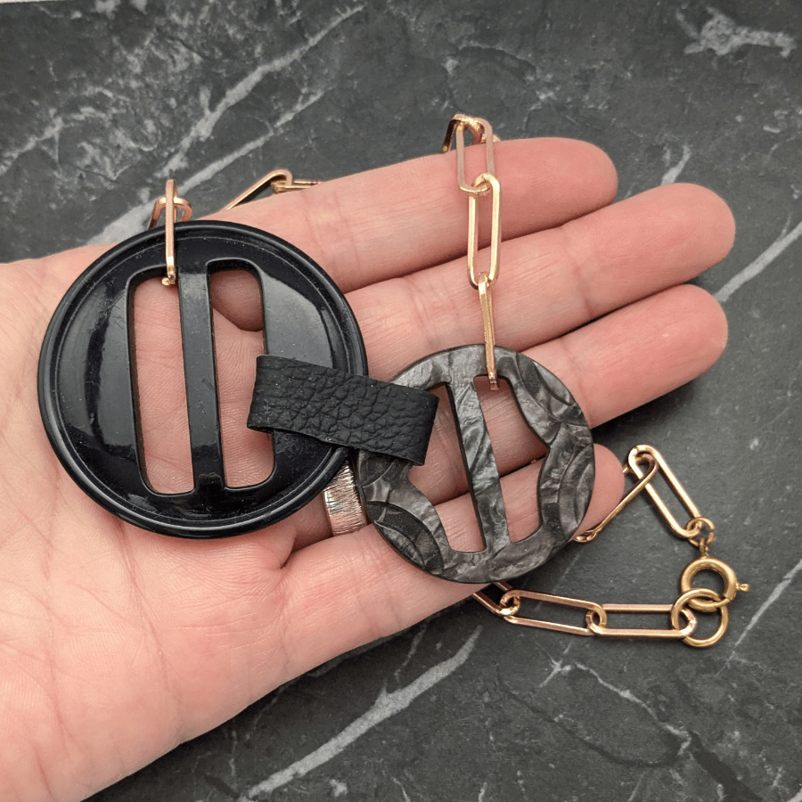 Vintage Double Black Belt Buckle Necklace - Image 7