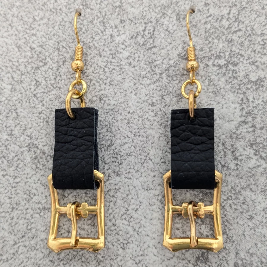 Upcycled Buckle Drop Earrings With Black Leather - Image 2