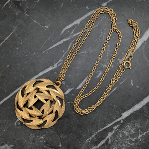 Vintage Gold Tone Chain with Round Textured Modernist Pendant