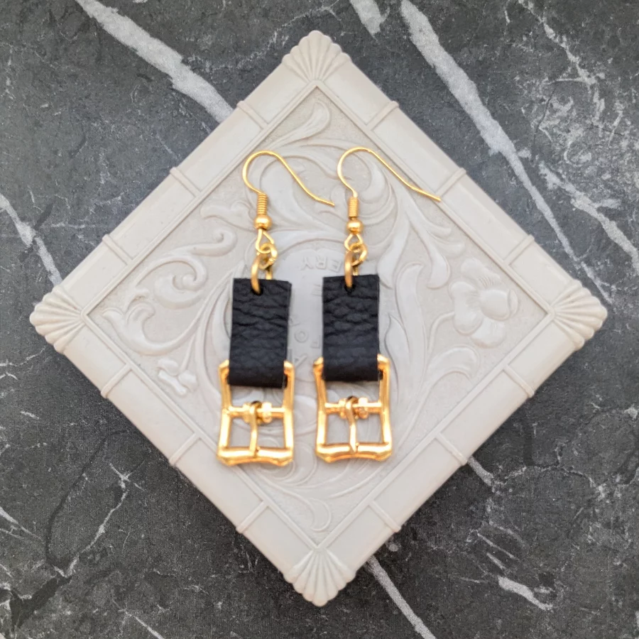 Upcycled Buckle Drop Earrings With Black Leather - Image 3