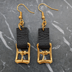 Upcycled Buckle Drop Earrings With Black Leather