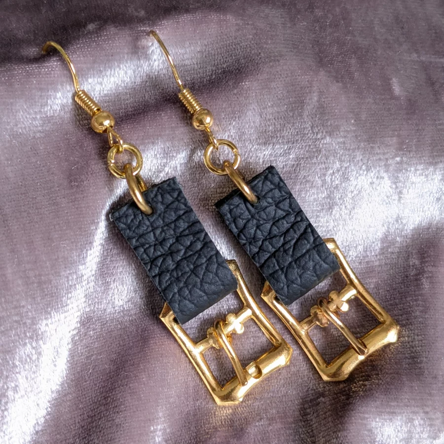 Upcycled Buckle Drop Earrings With Black Leather - Image 4