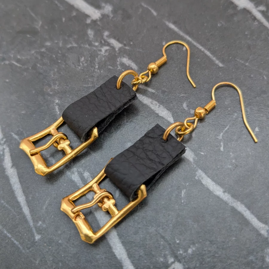 Upcycled Buckle Drop Earrings With Black Leather - Image 5