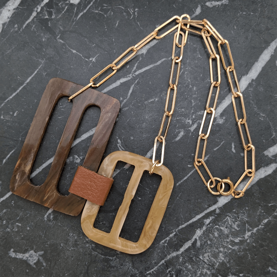 Vintage Brown Double Belt Buckle Necklace - Image 2