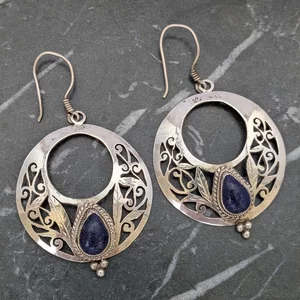 Vintage Sterling Silver and Lapis Lazuli Circular Drop Earrings