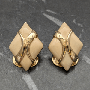 Vintage 80s Enamel Clip on Earrings Cream and Gold