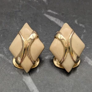 Vintage 80s Enamel Clip on Earrings Cream and Gold