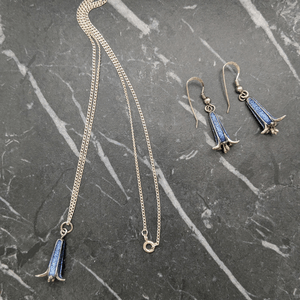 Nicole Barr Enamel Sterling Silver Bluebell Flower Earrings and Necklace