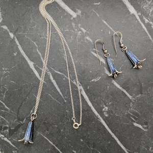 Nicole Barr Enamel Sterling Silver Bluebell Flower Earrings and Necklace