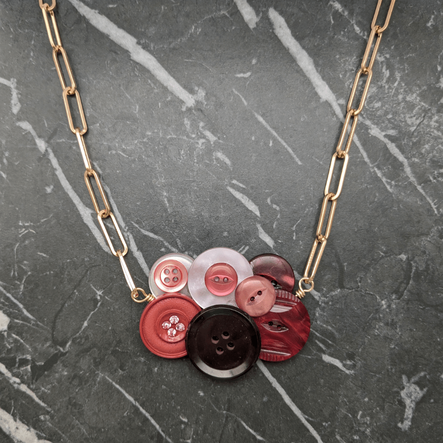 Vintage Button Cluster Necklace Red and Pink - Image 6