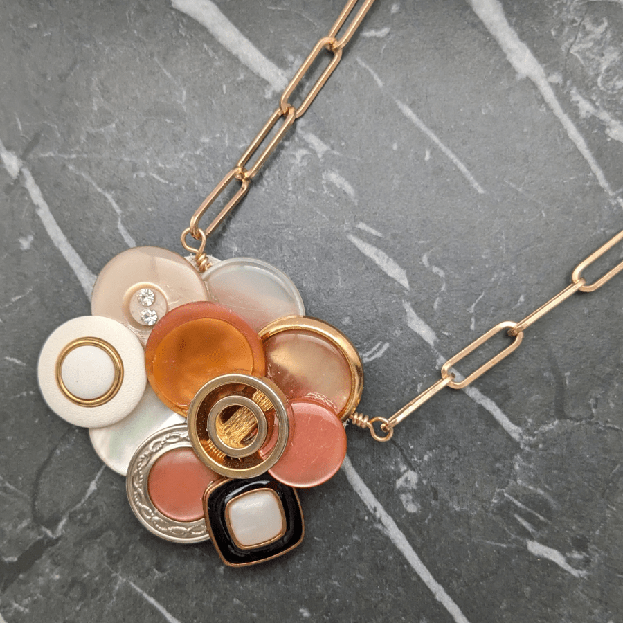 Button Cluster Necklace In Gold White and Orange - Image 2