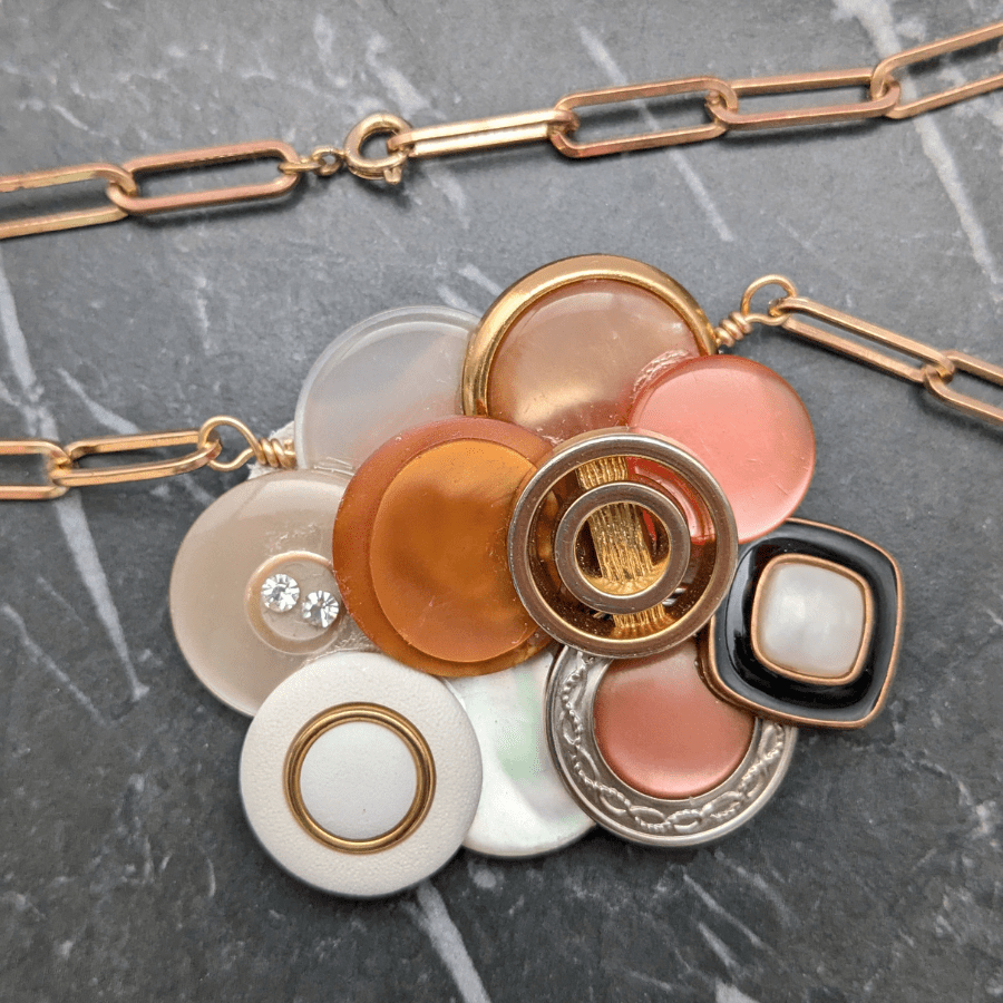 Button Cluster Necklace In Gold White and Orange - Image 4