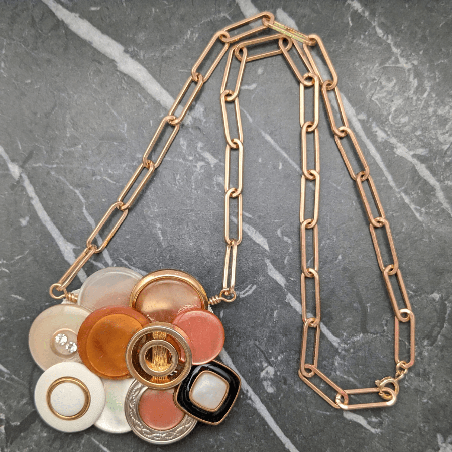 Button Cluster Necklace In Gold White and Orange - Image 5