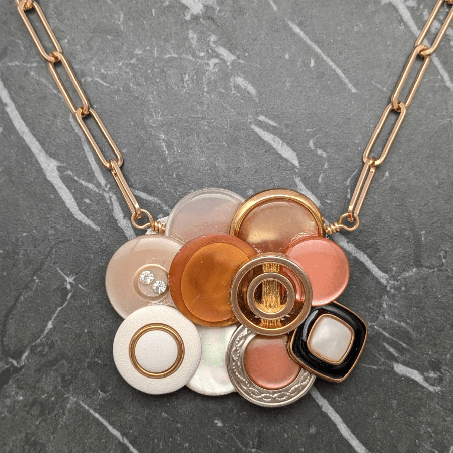 Button Cluster Necklace In Gold White and Orange - Image 6