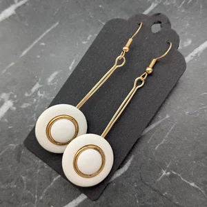 Vintage Button Drop Earrings White and Gold