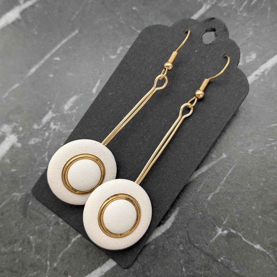 Vintage Button Drop Earrings White and Gold
