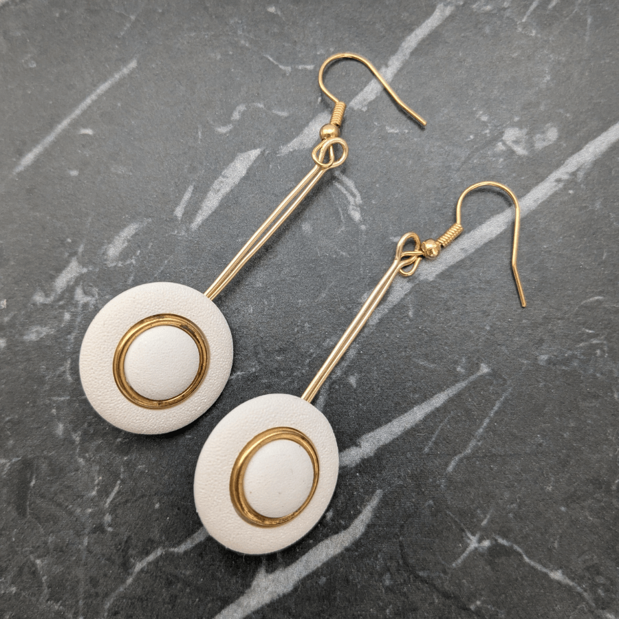 Vintage Button Drop Earrings White and Gold - Image 2